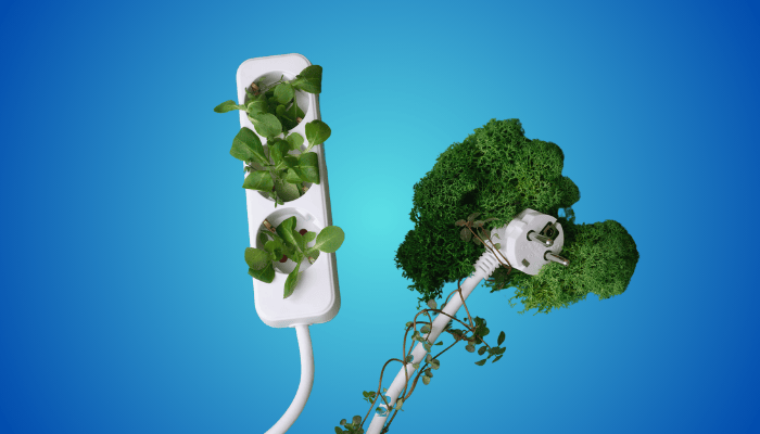 Presa elettrica e prolunga con vegetazione che simboleggia energia sostenibile su sfondo blu.