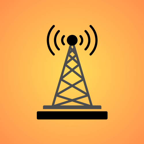 Simbolo di un'antenna con onde di trasmissione su sfondo arancione.