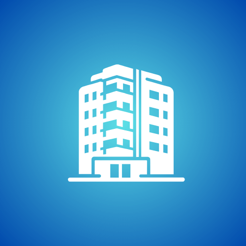  Icona bianca di un edificio a più piani su sfondo blu, simbolo di costruzione e abitazioni.