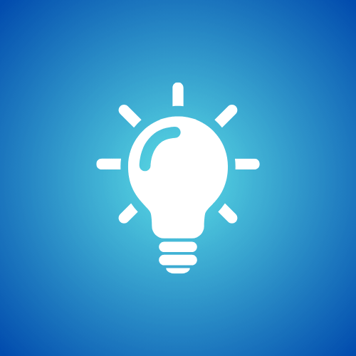 Icona bianca di una lampadina accesa su sfondo blu, simbolo di illuminazione e idee innovative.