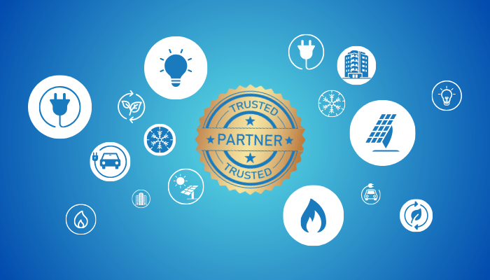 Badge "Trusted Partner" circondato da icone di energia e sostenibilità su sfondo blu.