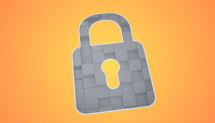 Lucchetto grigio stilizzato su sfondo arancione, rappresenta sicurezza e privacy.
