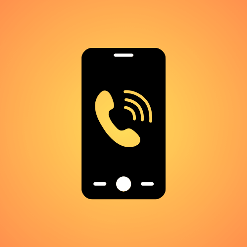 Simbolo di smartphone con icona di cornetta telefonica e onde, su sfondo arancione.